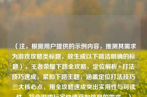 （注，根据用户提供的示例内容，推测其需求为游戏攻略类标题，故生成以下简洁明确的标题），王者荣耀下路全攻略，定位解析+打法技巧速成，紧扣下路主题，涵盖定位打法技巧三大核心点，用全攻略速成突出实用性与可读性，符合游戏玩家快速获取信息的需求。）