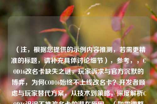 （注，根据您提供的示例内容推测，若需更精准的标题，请补充具体讨论细节），参考，，COD16改名卡缺失之谜，玩家诉求与官方沉默的博弈，为何COD16始终不上线改名卡？开发者顾虑与玩家替代方案，从技术到策略，深度解析COD16迟迟不推改名卡的潜在原因，（如需调整方向或补充背景，请提供更多信息）
