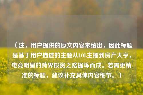 (注,用户提供的原文内容未给出,因此标题是基于用户描述的主题从LOL主播到房产大亨,电竞明星的跨界投资之路提炼而成。若需更精准的标题,建议补充具体内容细节。)