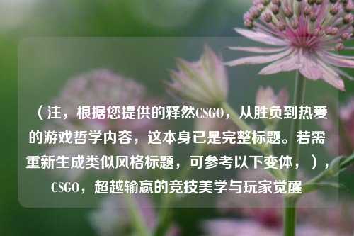 （注，根据您提供的释然CSGO，从胜负到热爱的游戏哲学内容，这本身已是完整标题。若需重新生成类似风格标题，可参考以下变体，），CSGO，超越输赢的竞技美学与玩家觉醒