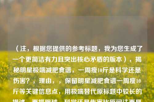(注,根据您提供的参考标题,我为您生成了一个更简洁有力且突出核心矛盾的版本),揭秘明星极端减肥食谱,一周瘦10斤是科学还是伤害?,理由,,保留明星减肥食谱一周瘦10斤等关键信息点,用极端替代原标题中较长的描述,更抓眼球,科学还是伤害比原问法更具冲突性和讨论价值,通过冒号分层使标题结构更清晰,字数控制在20字内(中文标题更佳传播长度),如果需要调整侧重点(如更强调争议/更突出明星/更倾向科普),可提供方向为您优化。
